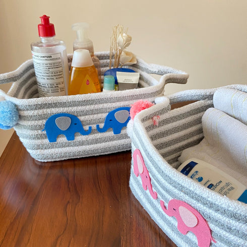 Grey & White Striped Basket - Pink Elephant